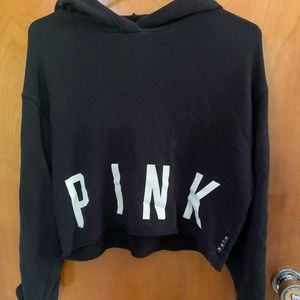 VS PINK CROPPED BLACK HOODIE, LACE UP SLEEVES